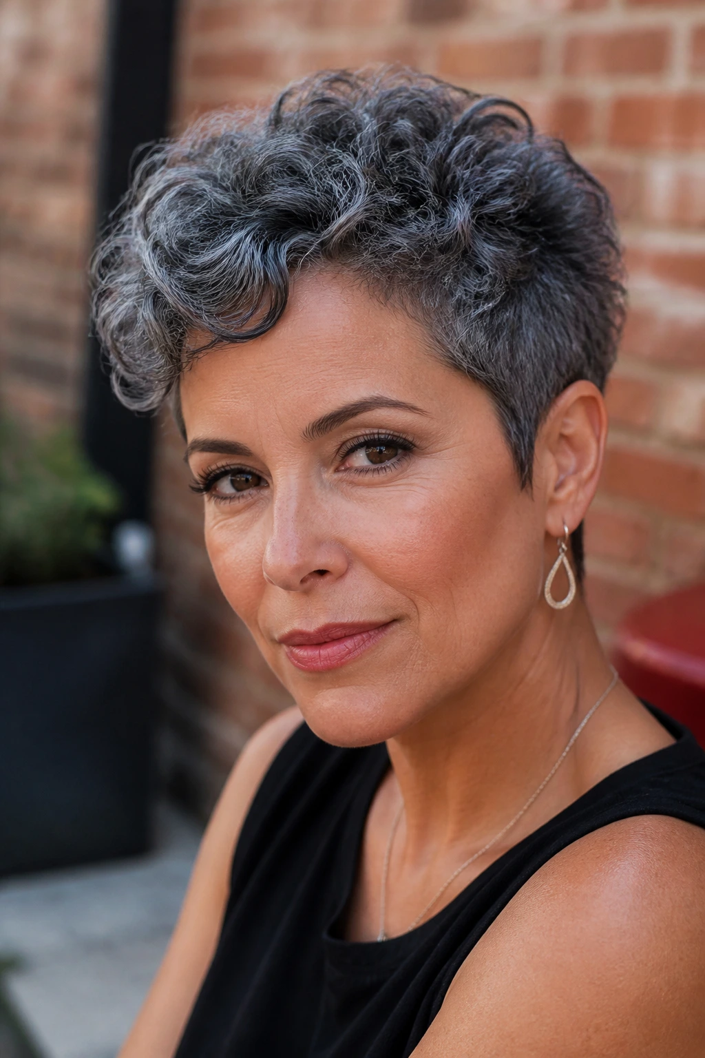 Close-up of Gunmetal Pixie Curls on a real woman
