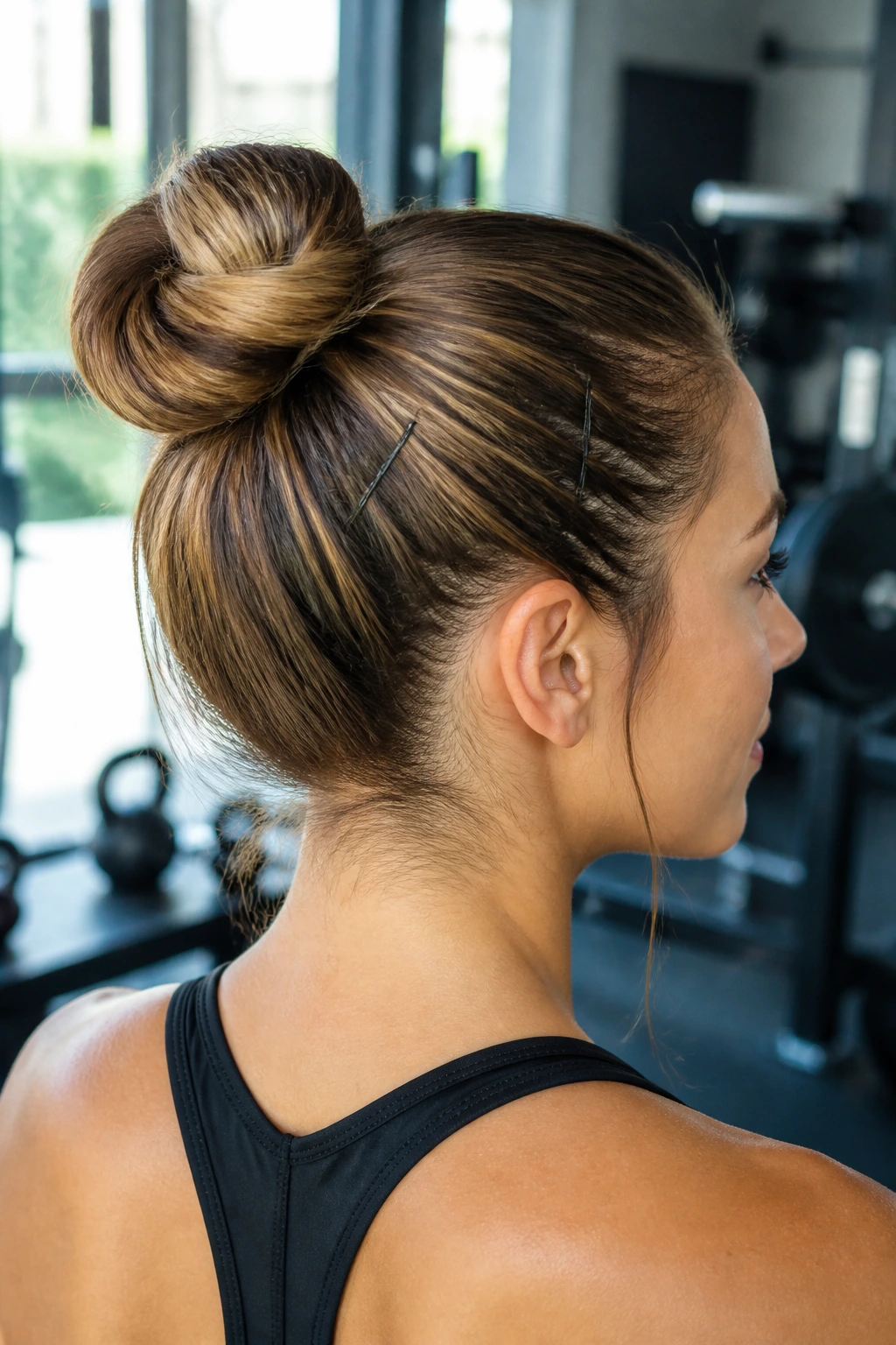 Real woman in gym clothes with a secure high bun designed for workouts.