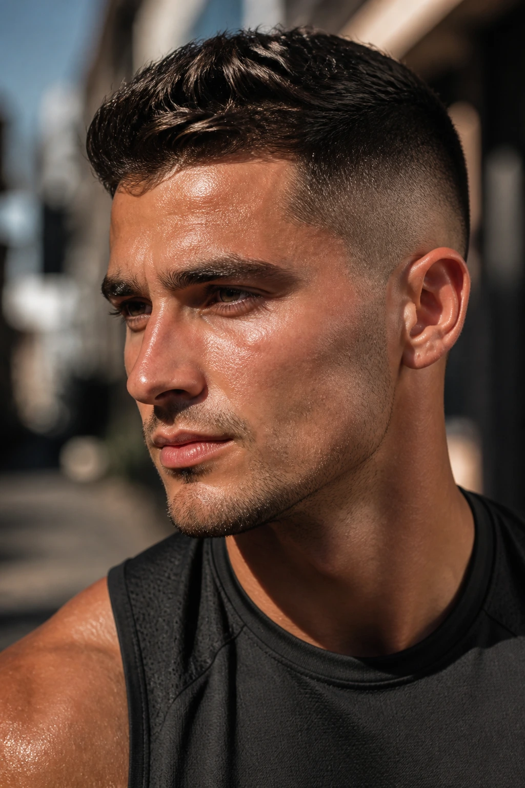 Portrait of a man with gym-day fade in an outdoor city setting