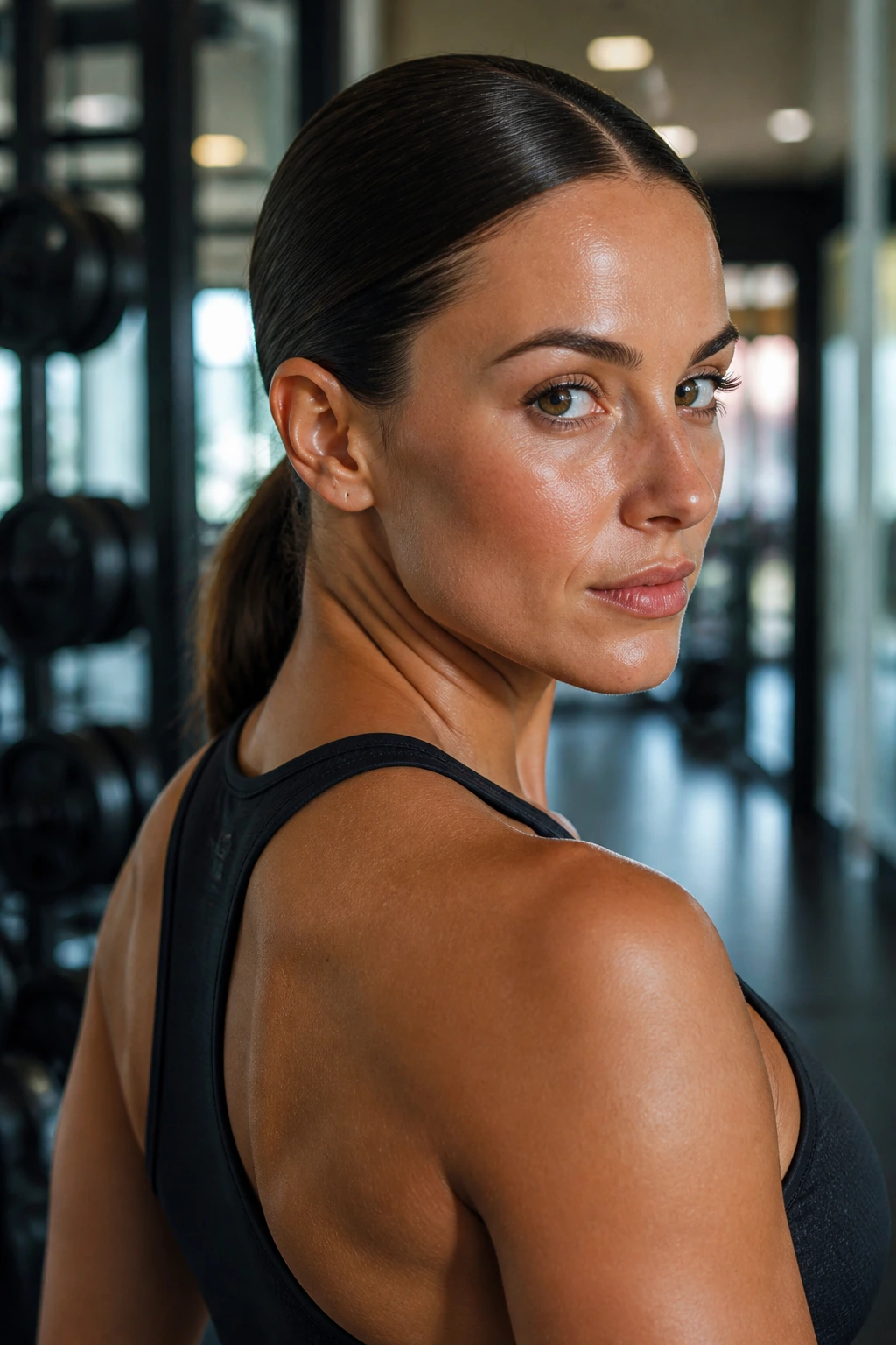 Close-up gym-to-street low ponytail on a real woman