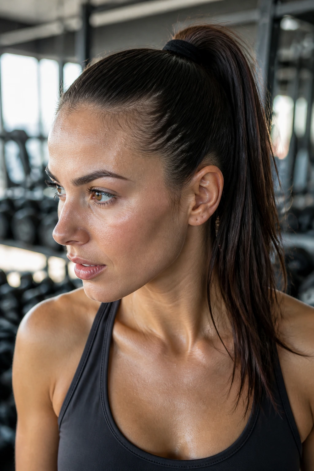 Close-up of a real woman with a high sporty gym ponytail in a gym setting