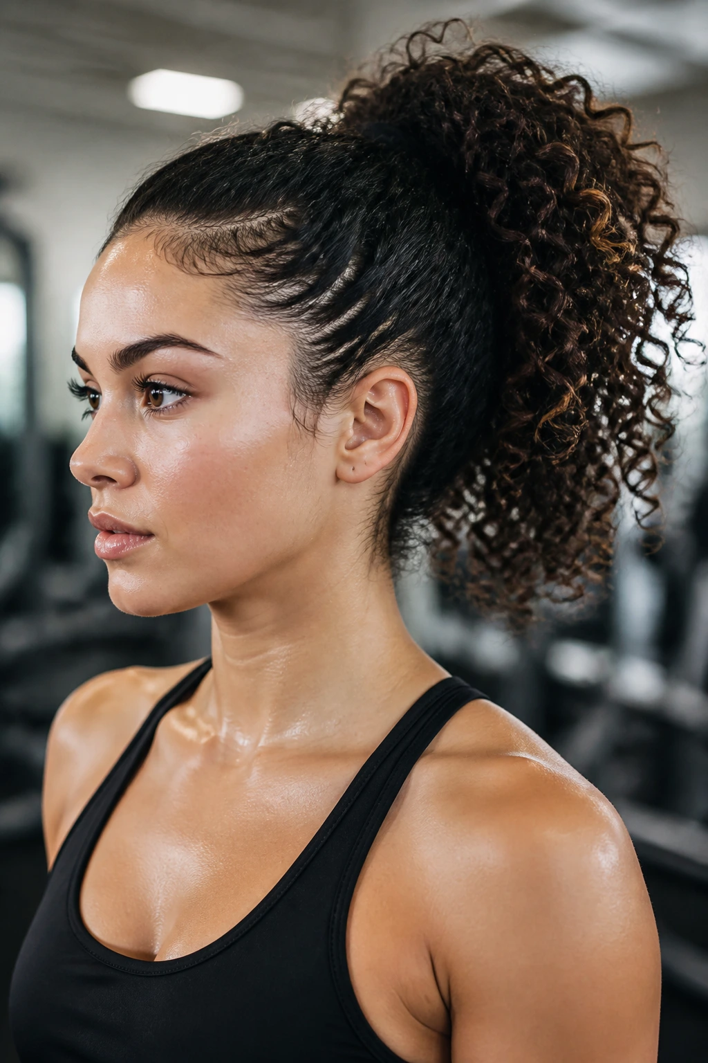 Real woman with a gym-proof curly ponytail in athletic wear under gym lighting.