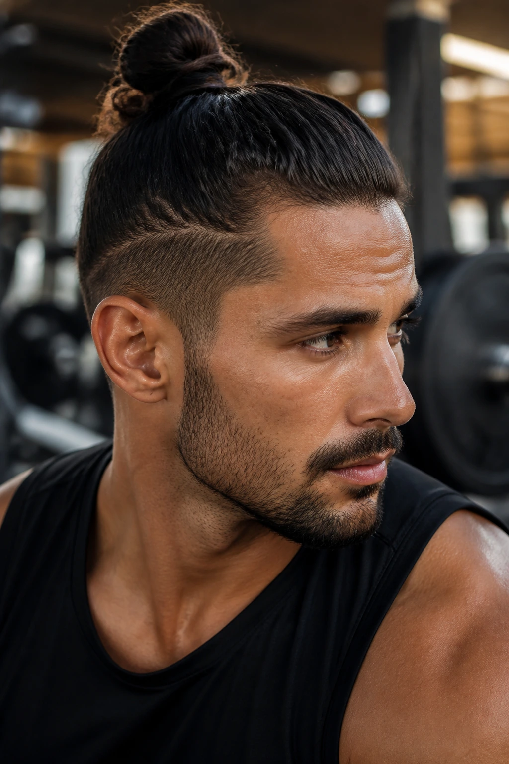 Close-up portrait of a real man with a gym-ready top knot in a gym setting