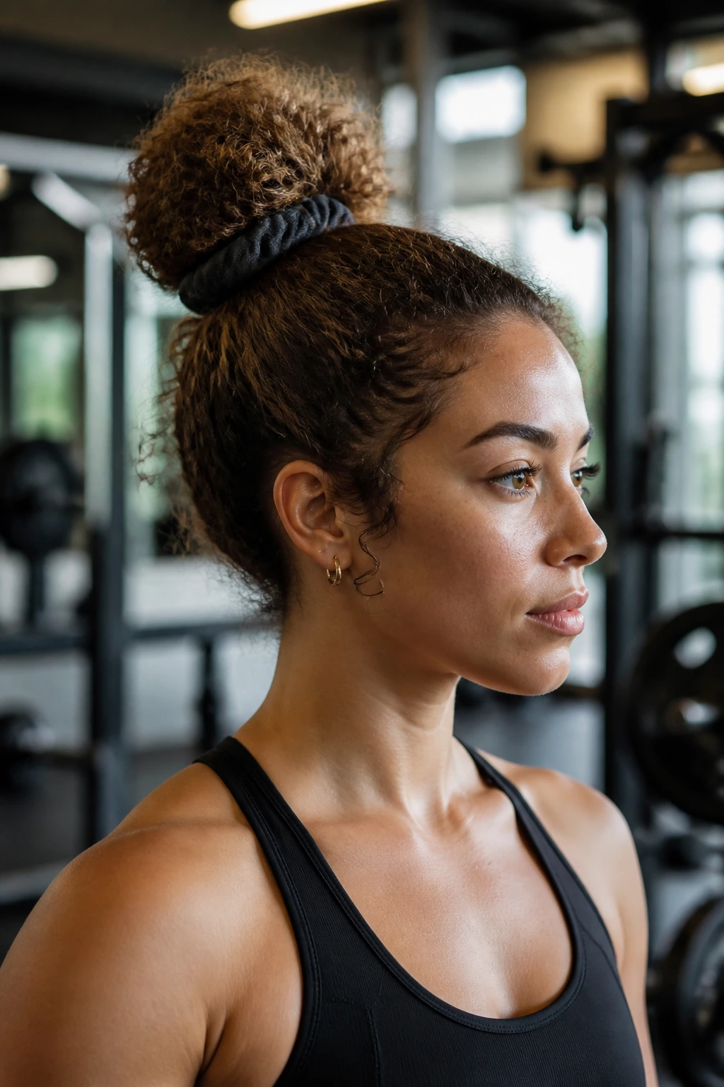 Portrait of a real woman with a gym-ready scrunchie bun