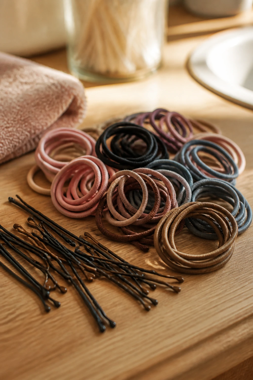 Close-up of seamless elastics and smooth bobby pins on a wooden vanity in a warm bathroom