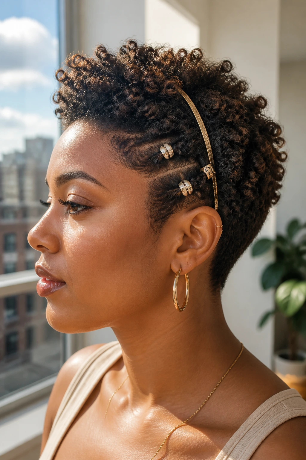 Close-up of a real woman's accessorized crop with clips and headband