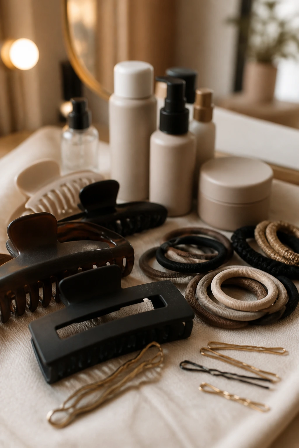 Close-up of matte hair accessories and lightweight styling products on fabric surface