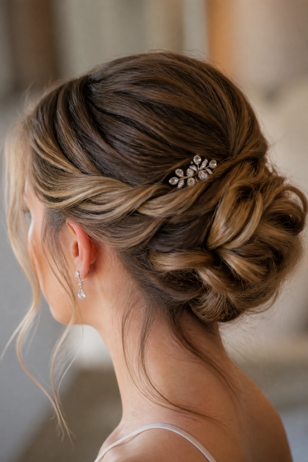 Portrait of a person with a crystal hairpin accent in an updo.