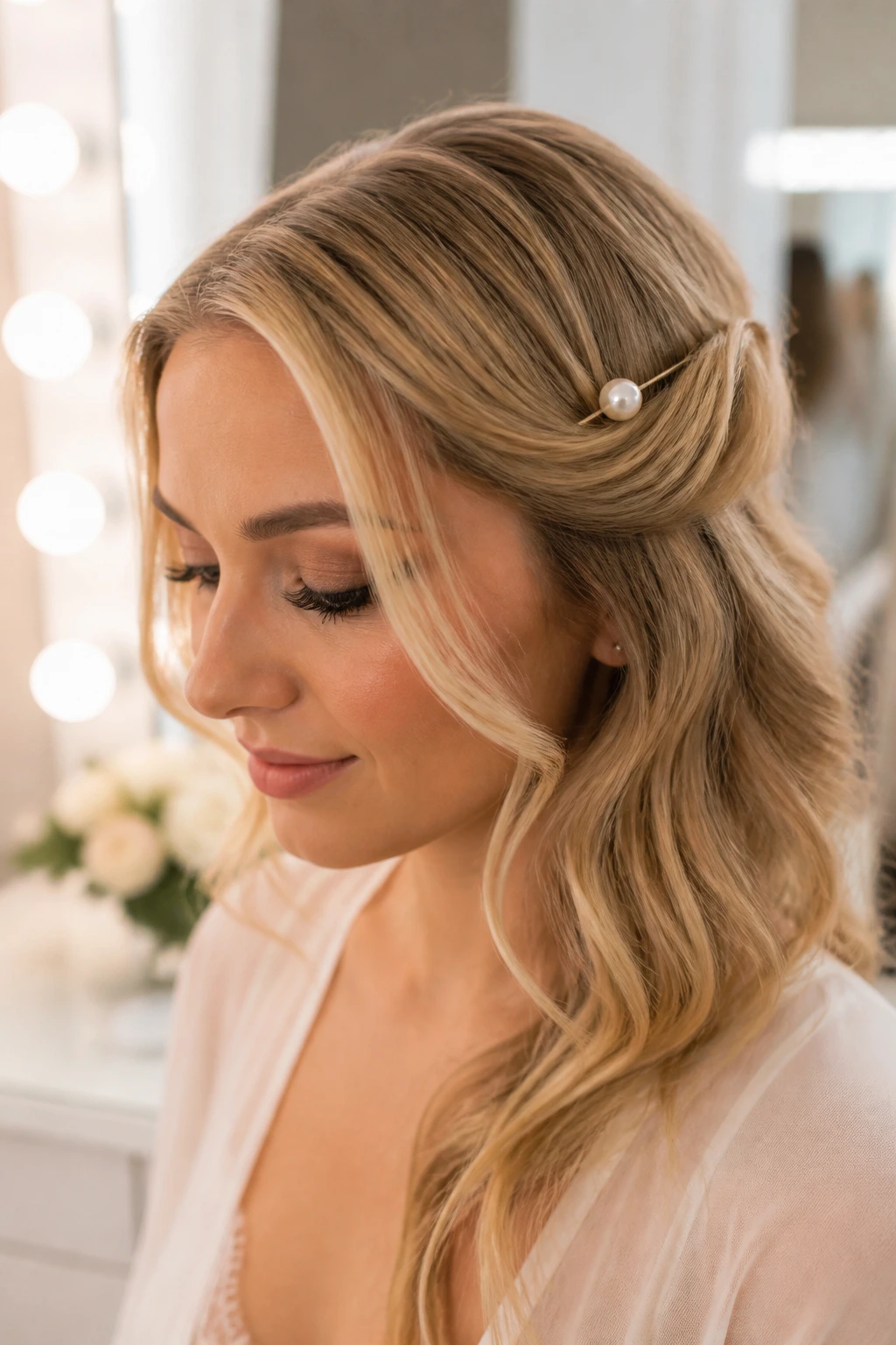 Portrait of a real woman with a tucked wave and a pearl pin in her hair.