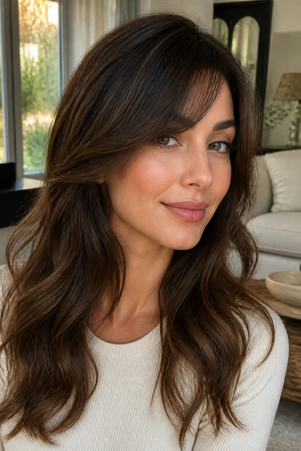 Portrait showing swoop bangs with rest of hair styled around them in soft waves