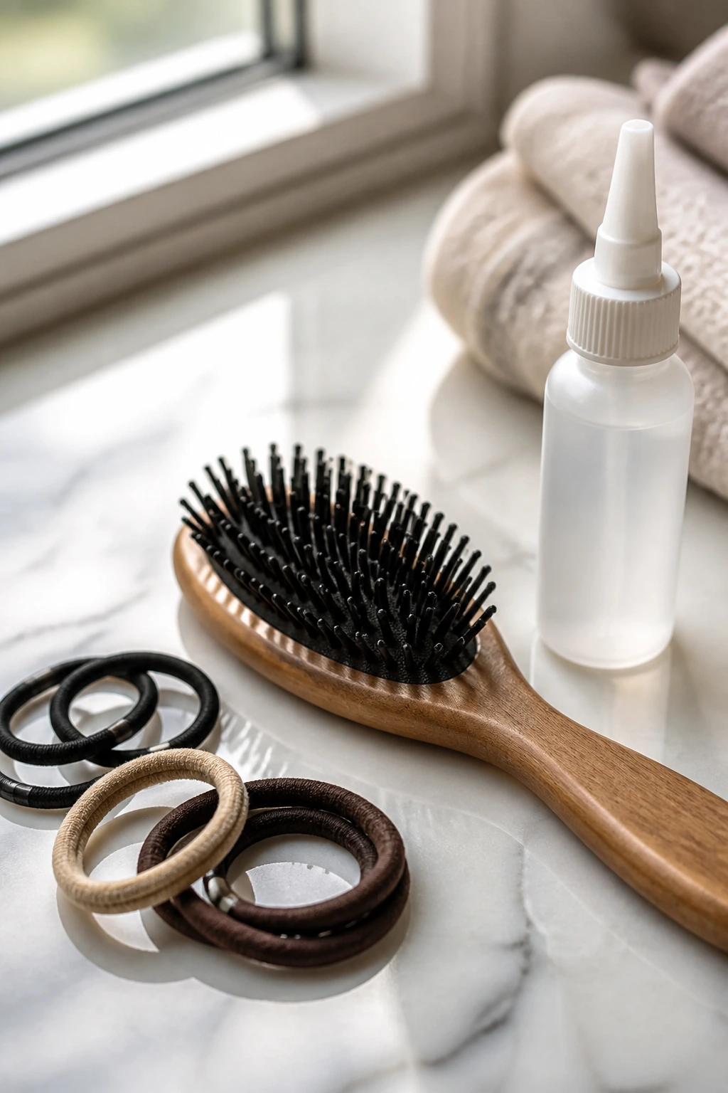 Close-up of hair bands, a smoothing brush, and a spray bottle on a neutral surface.