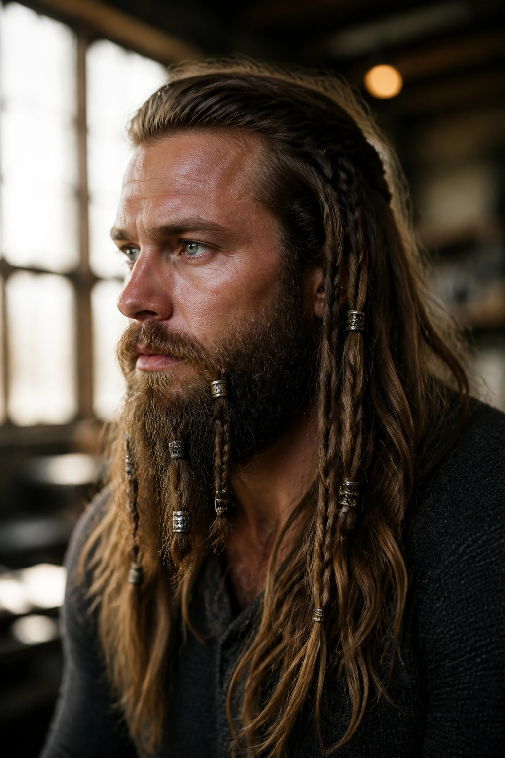 Real person with long hair, beard, and beads