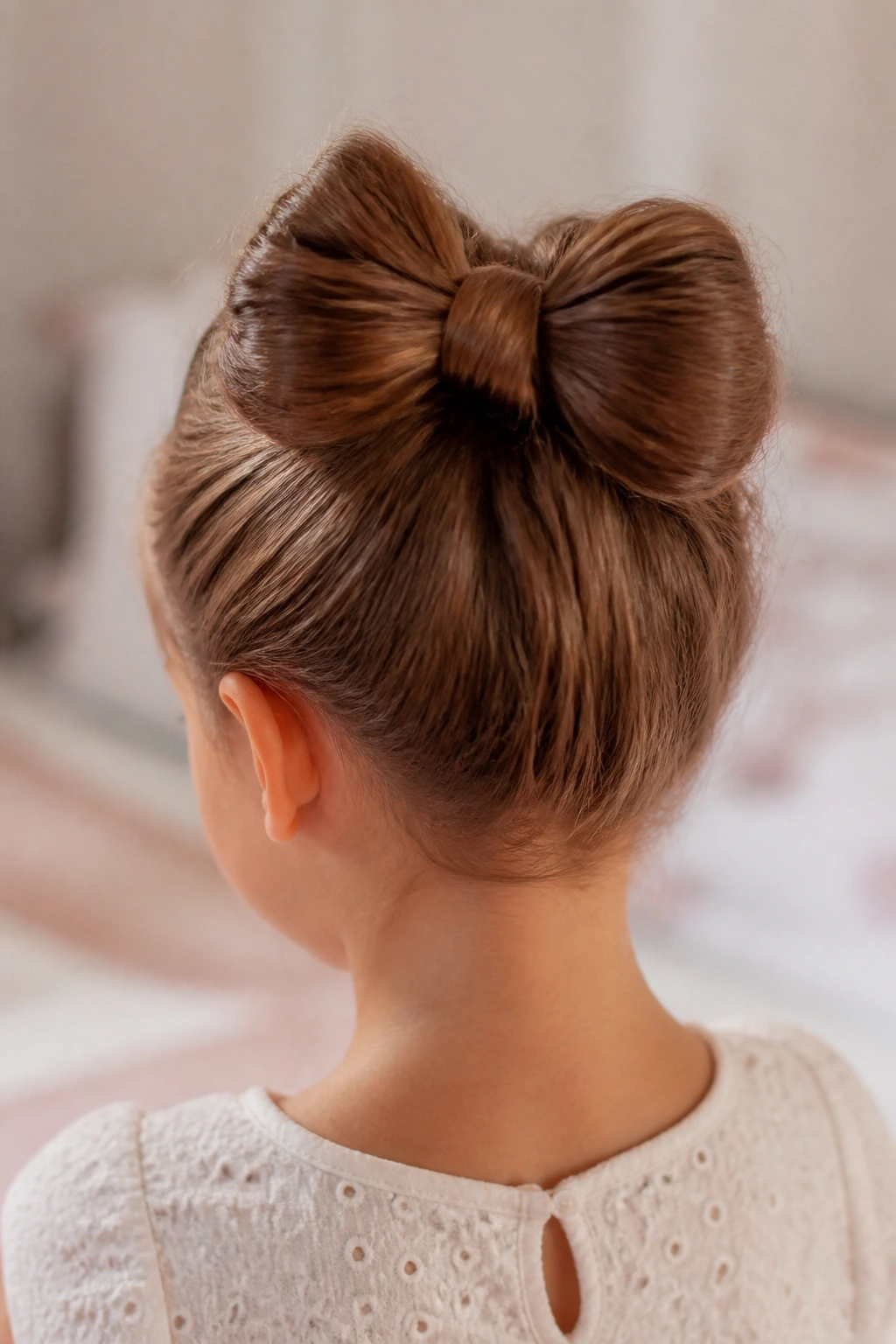 Rear three-quarter view of a real girl wearing a hair bow bun