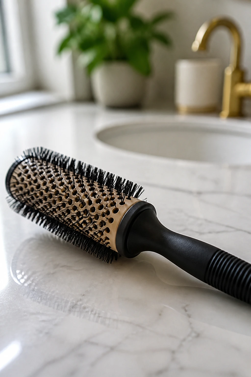 Close-up of a hair brush on a clean bathroom counter