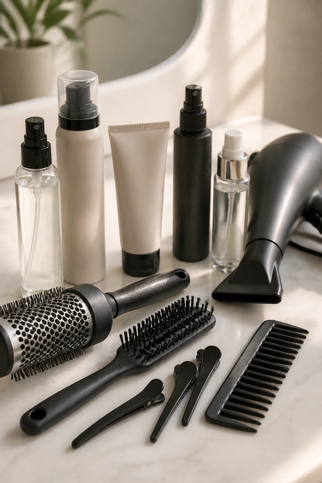 Assorted unlabeled hair brushes and clips arranged on a clean vanity.