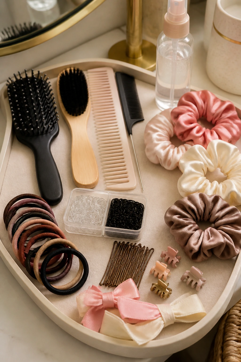 Close-up of ponytail kit items arranged on a vanity tray