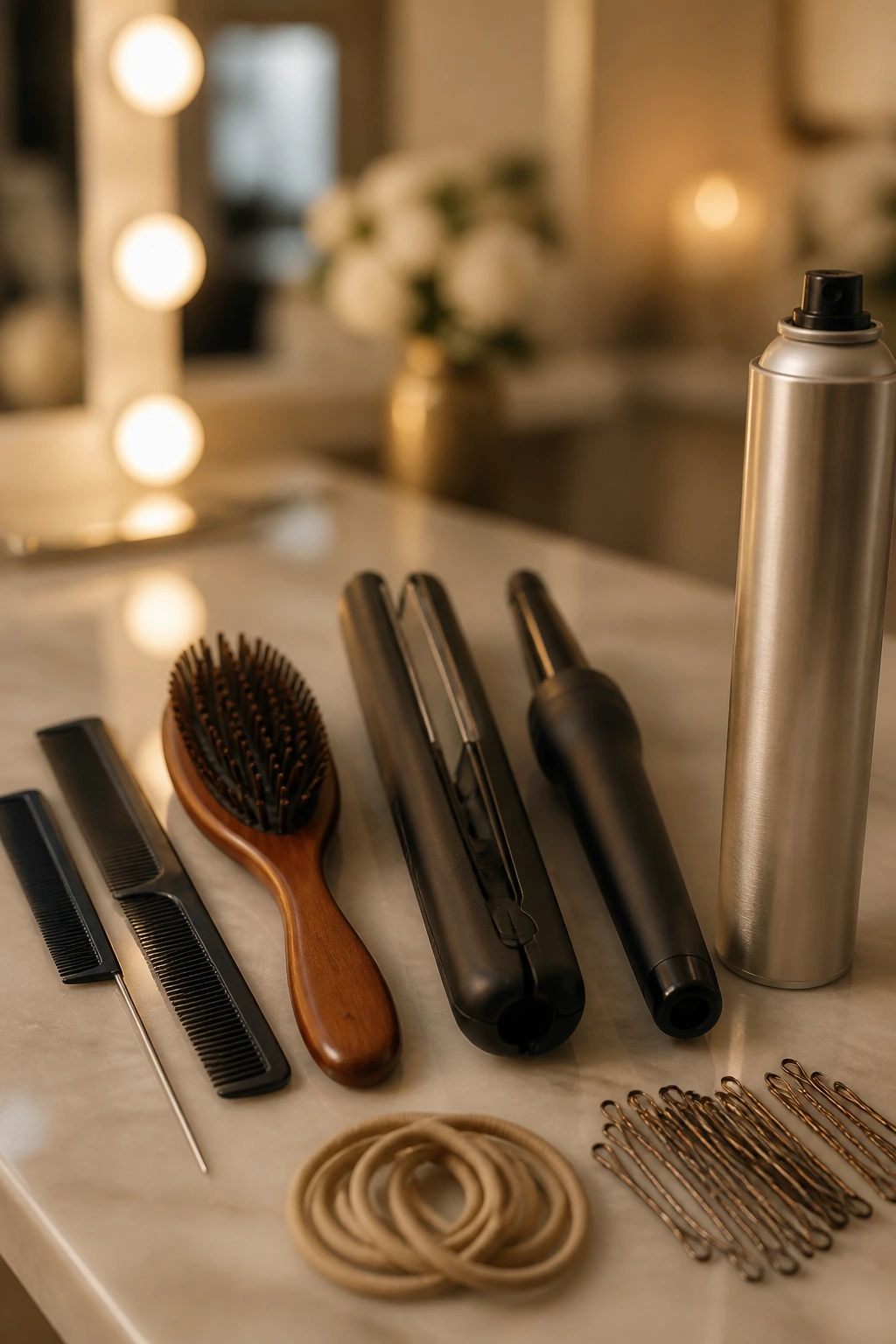 Macro shot of hair brushes, pins, and products on a vanity for ponytail prep.