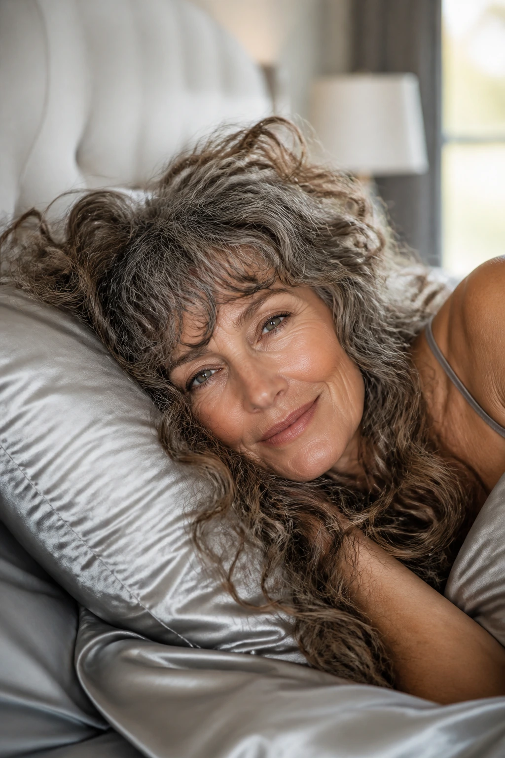 Close-up of long curly hair kept in shape on a satin pillow in a bedroom
