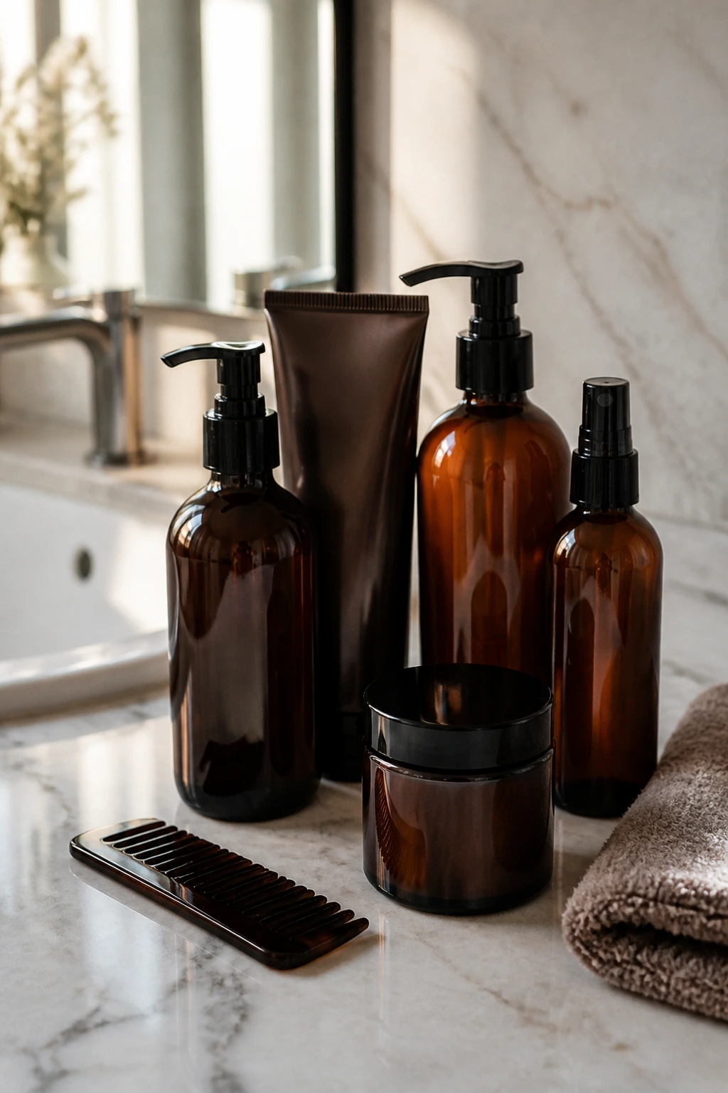Unbranded brunette hair care bottles on a marble bathroom counter
