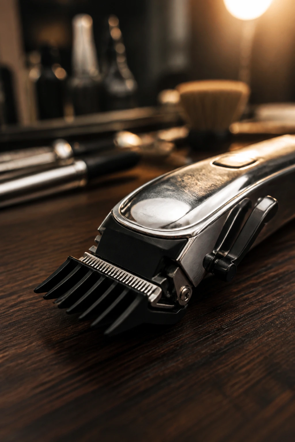Close-up of professional hair clipper with guard attached on a barber station.