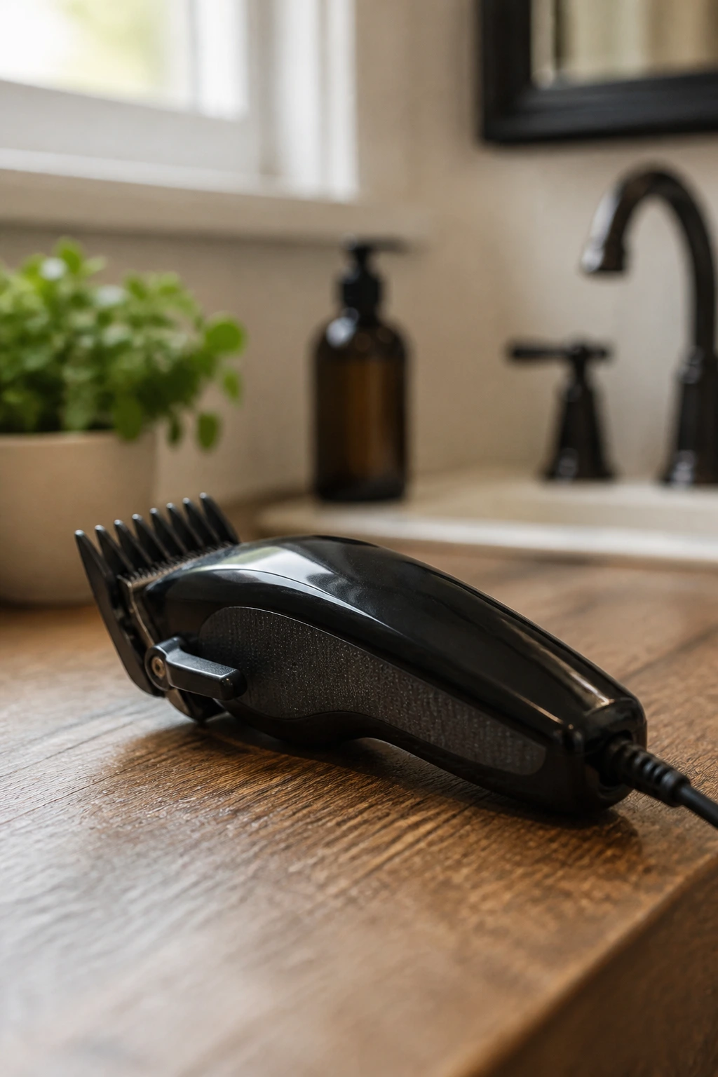 Close-up of hair clipper with guard on a wooden counter in home setting
