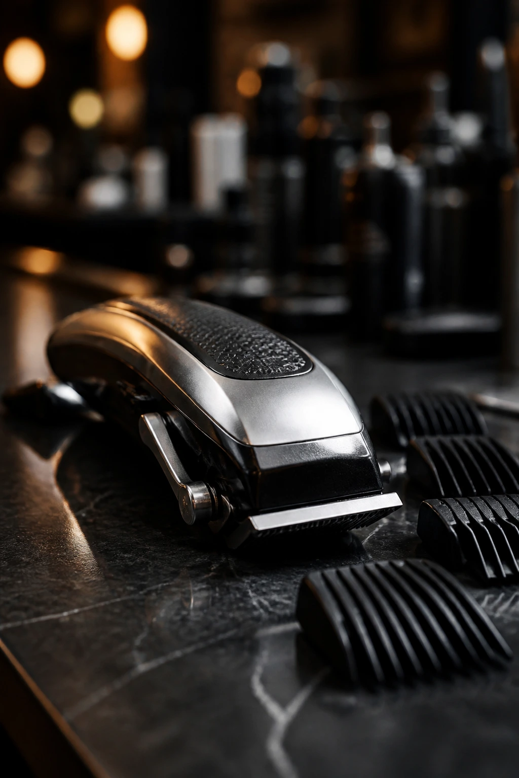 Close-up of a professional hair clipper on a dark counter