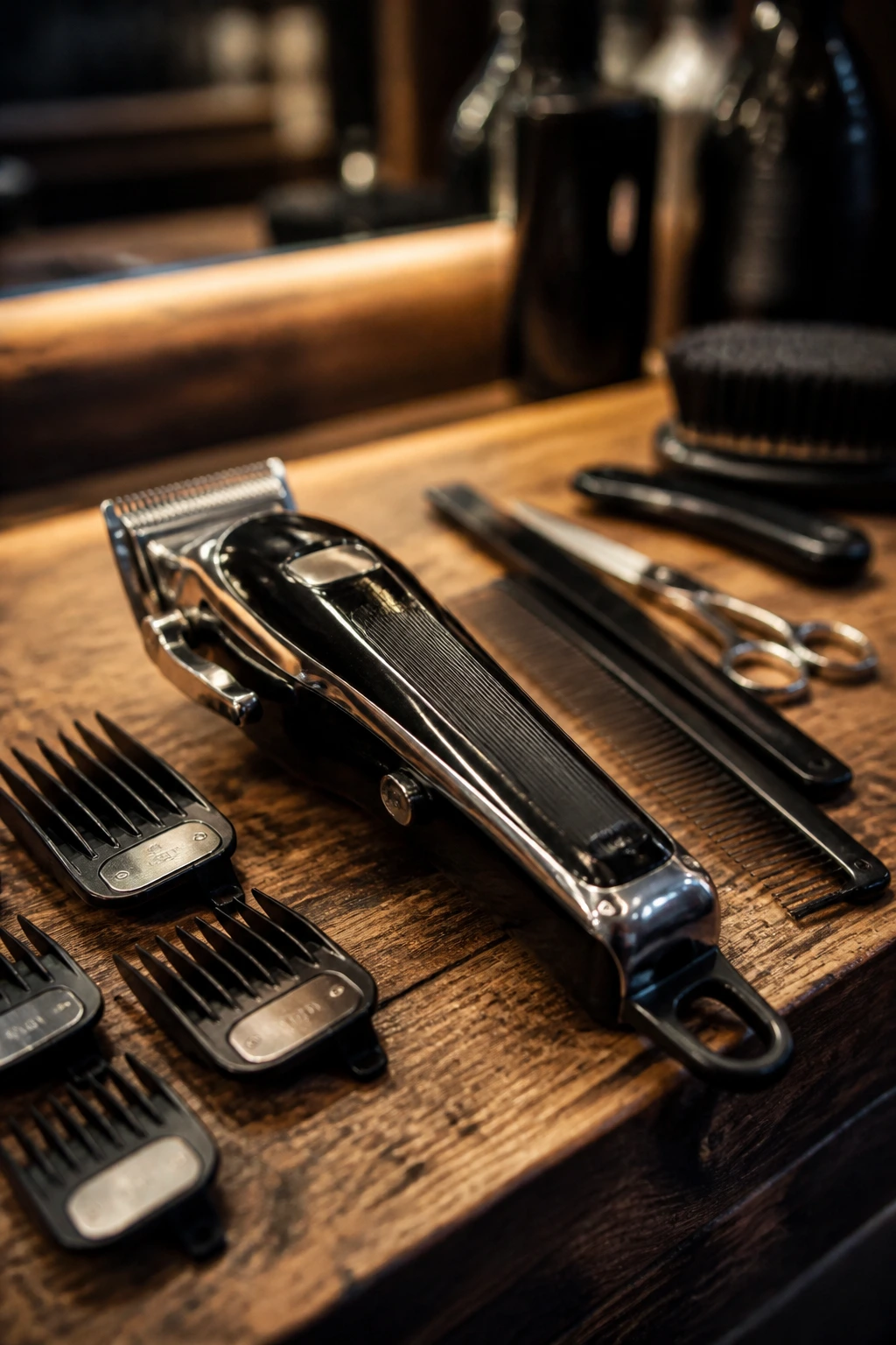 Close-up of hair clippers with guard on a barber table