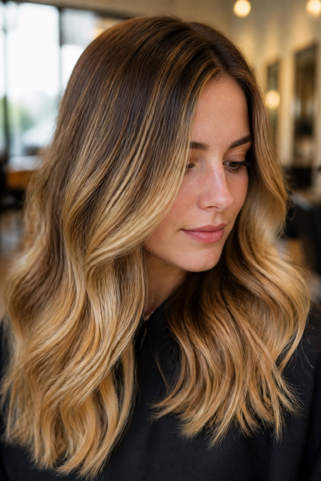 Close-up portrait of a real woman showing spring color with root shadow and end glow, salon lighting.