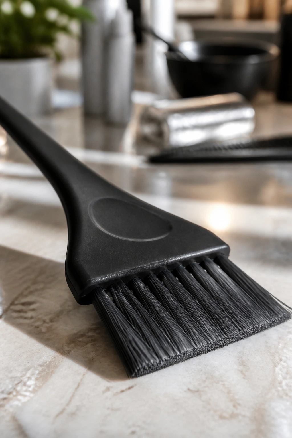 Close-up of a hair color brush with blurred salon background