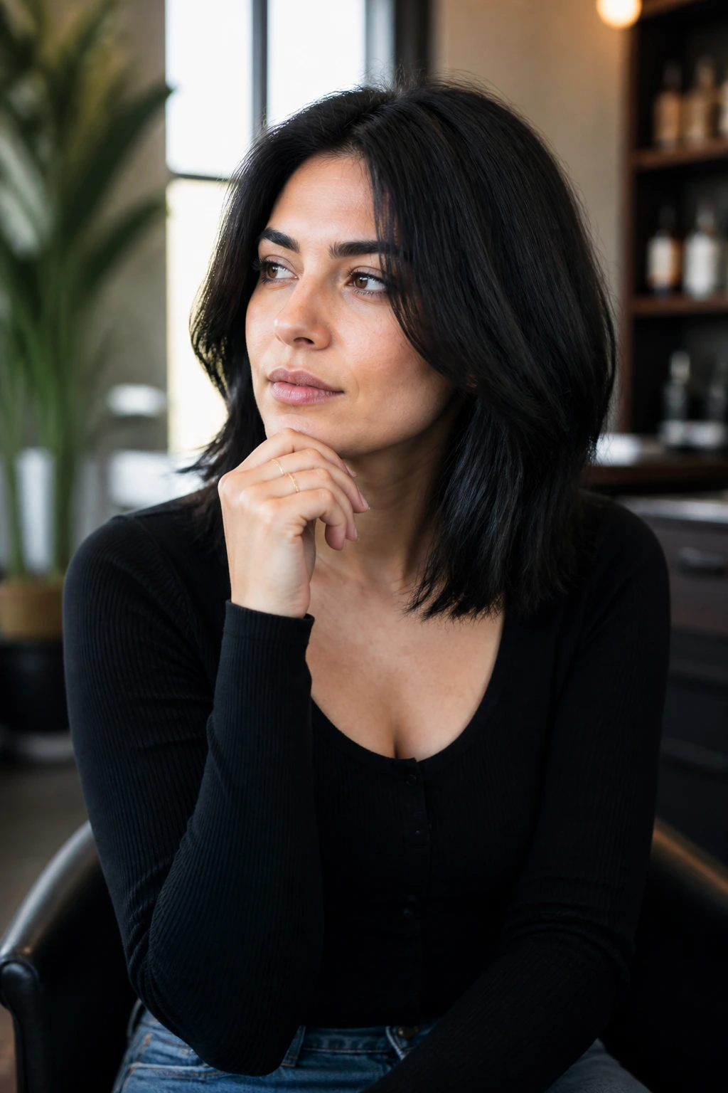 Real person with shoulder-length black hair during a salon consultation
