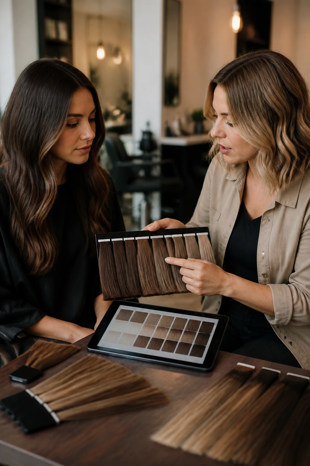 Salon color consultation scene with client and stylist discussing hair color options