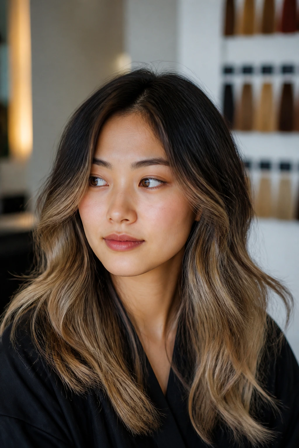 Close-up portrait of a real woman with dark hair in a salon consultation.
