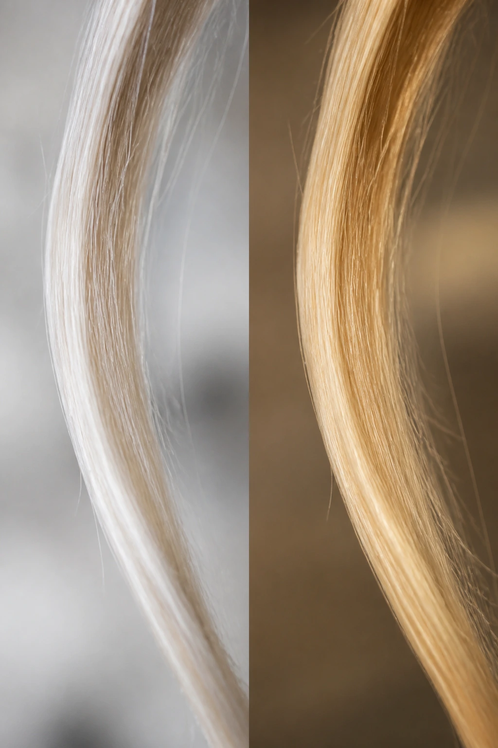 Blonde hair strand seen under cool daylight and warm tungsten lighting