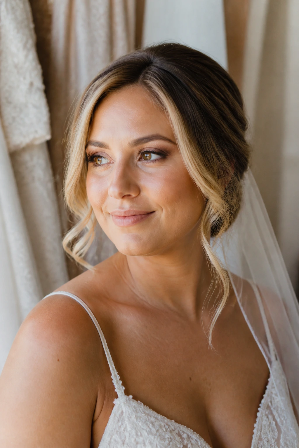 Close-up of a bride showing hair color adjacent to skin and fabric
