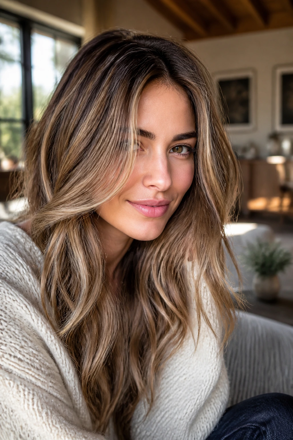 Close-up portrait of a real woman with root-friendly, multi-tonal hair in natural window light