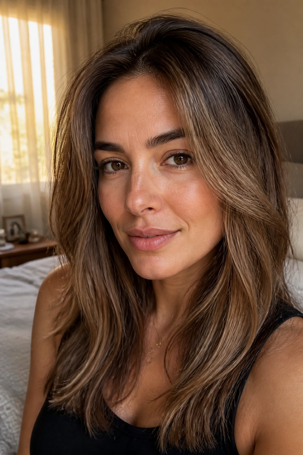Close-up portrait of a real woman showing root-friendly hair color that grows out well with natural roots blending into midtone.