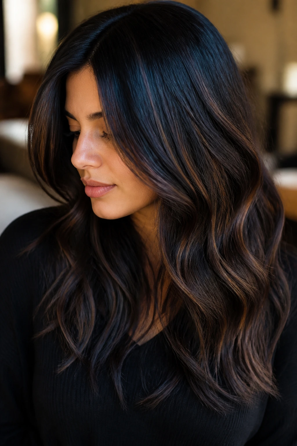 Close-up portrait of hair with multidimensional black shades and soft movement