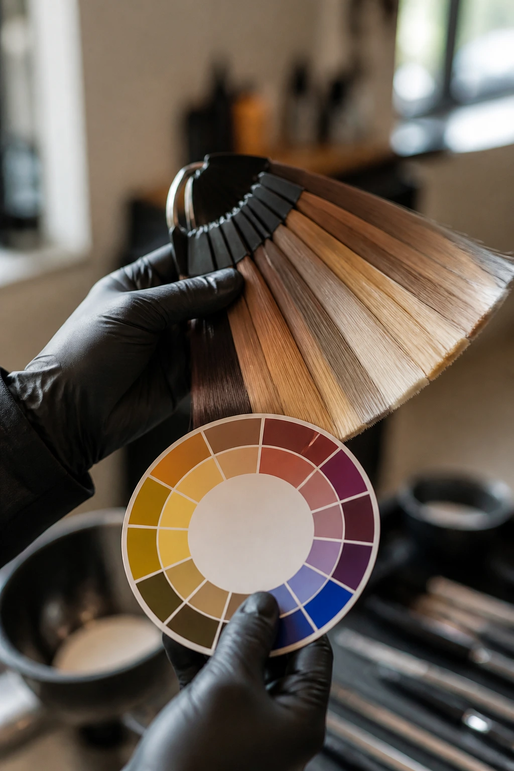Hands selecting hair color swatches with a color wheel in a salon
