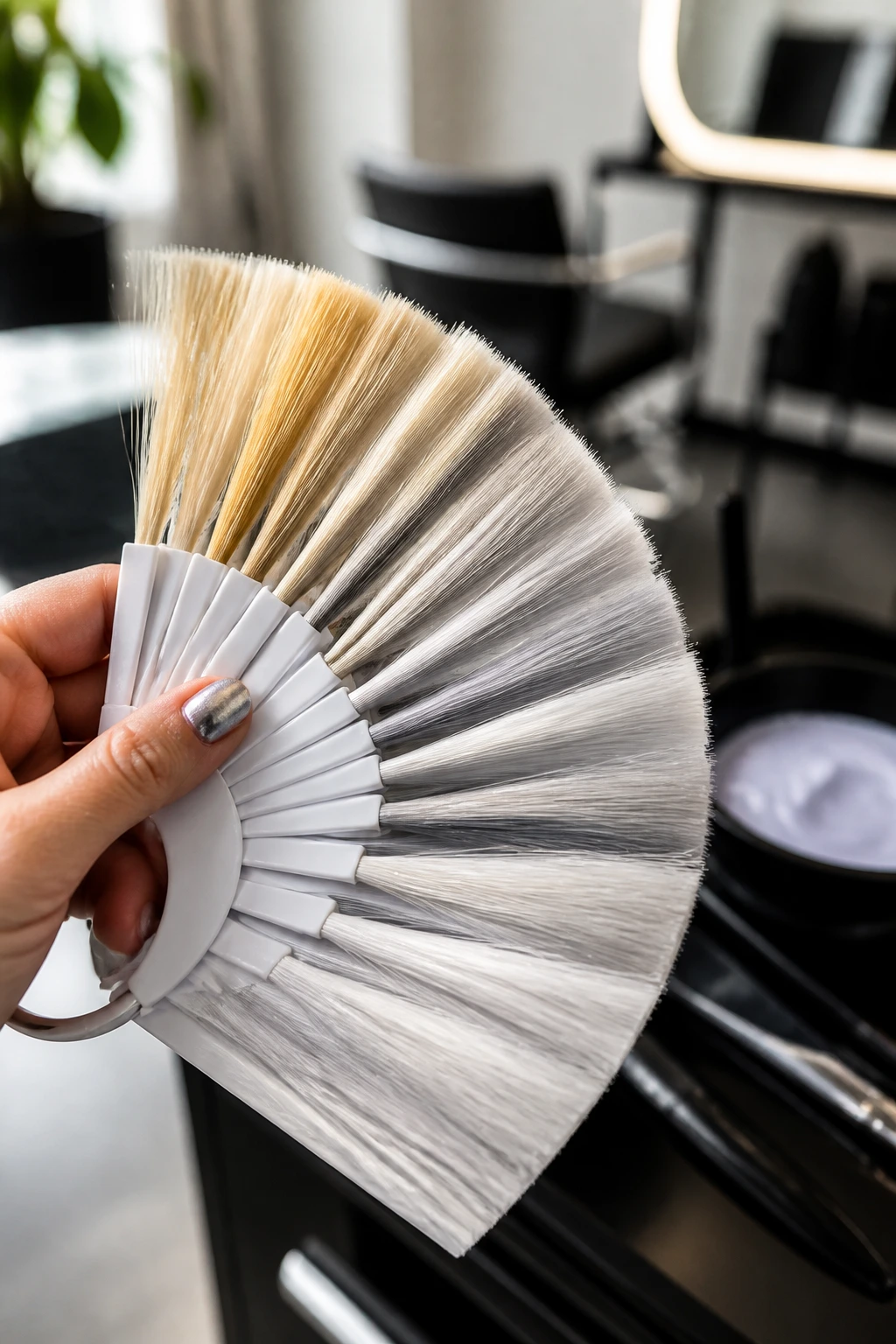 Hand holding color swatches in cool silver tones at a salon