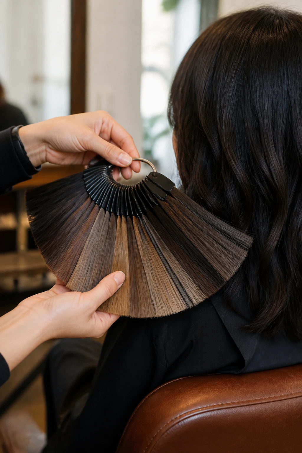 Stylist holding hair color swatches during a salon consultation.