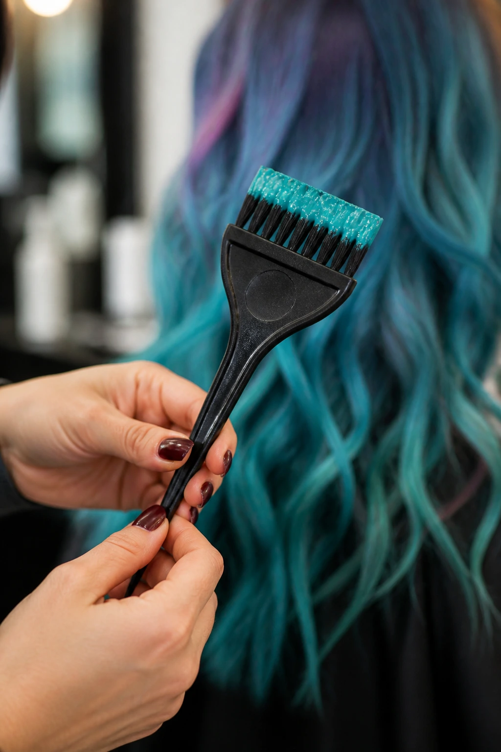 Close-up of hands holding a tint brush in a salon setting