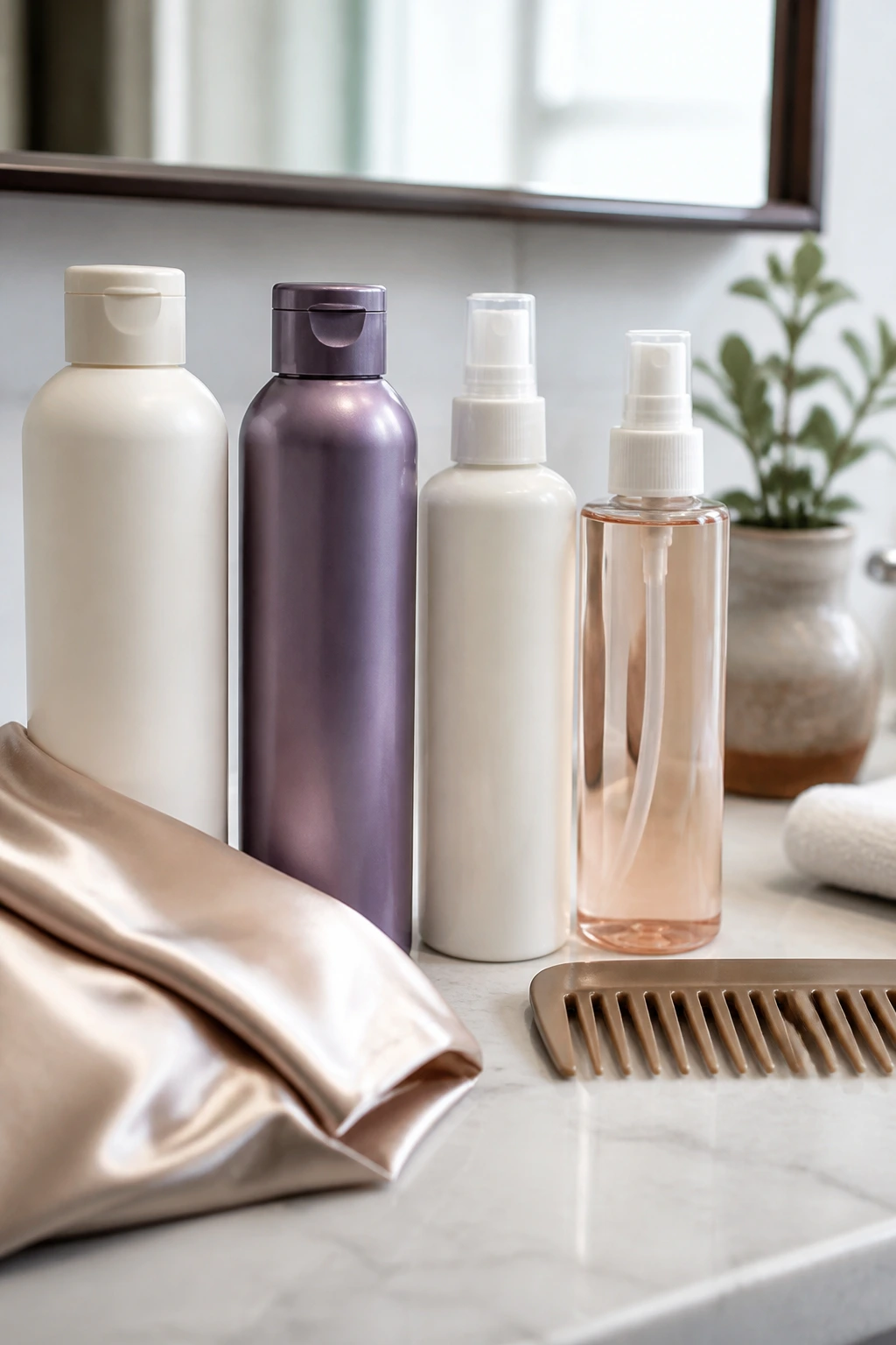 Close-up of essential hair color tools on a bathroom counter in daylight