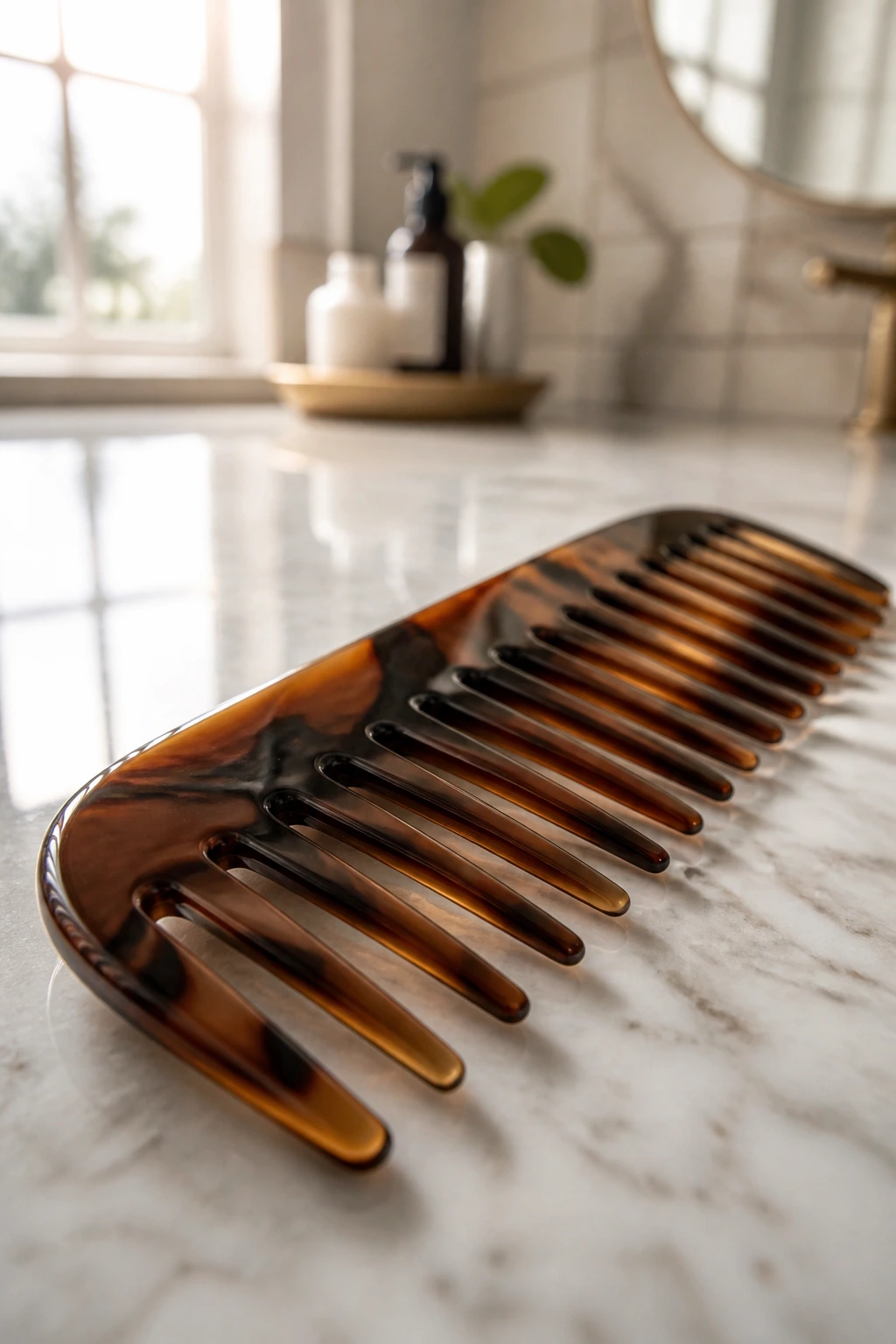Wide-tooth comb close-up for hair color consultation in bathroom setting