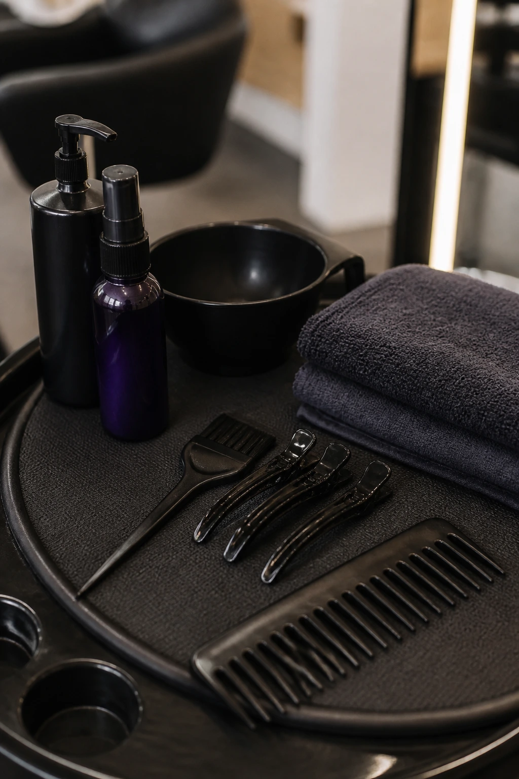 Tools for hair color including brush, bowl, clips, towels, in a salon.