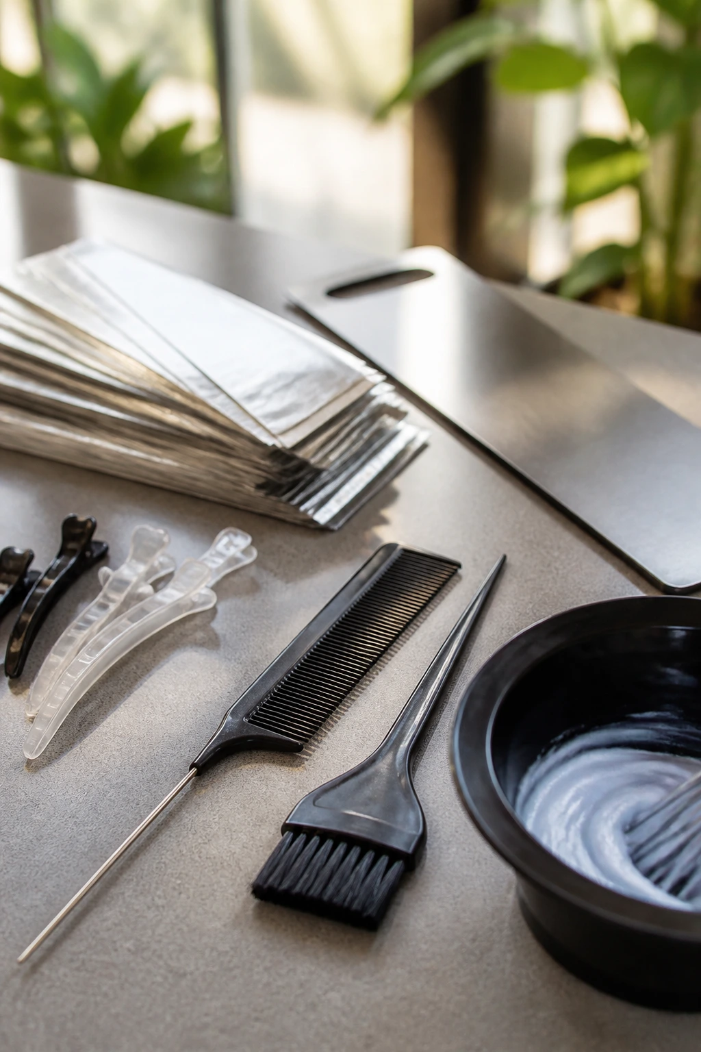 Close-up of hair color tools arranged on a salon counter