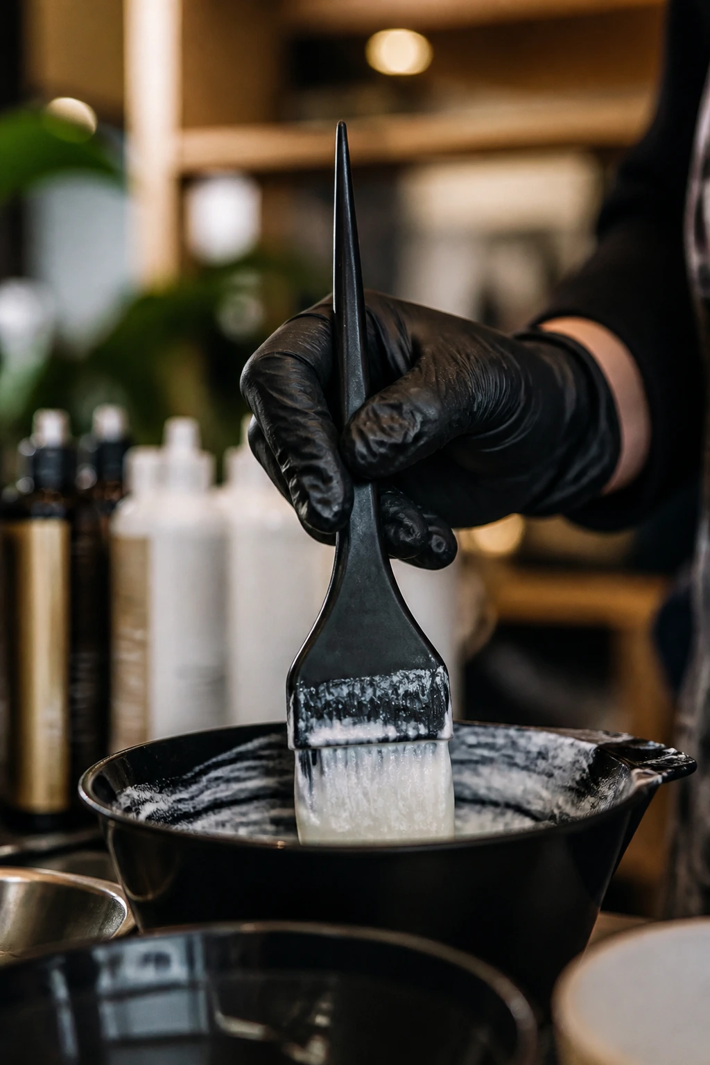 Gloved hand with a tint brush over a color bowl in a salon