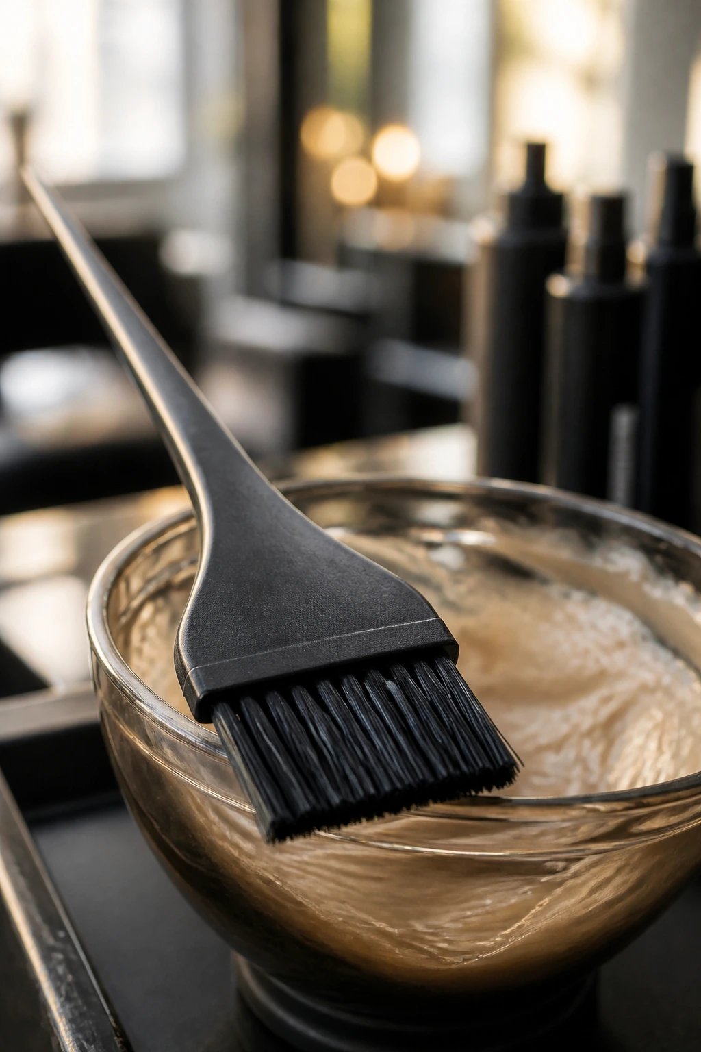 Close-up of a hair color tint brush in a salon setting