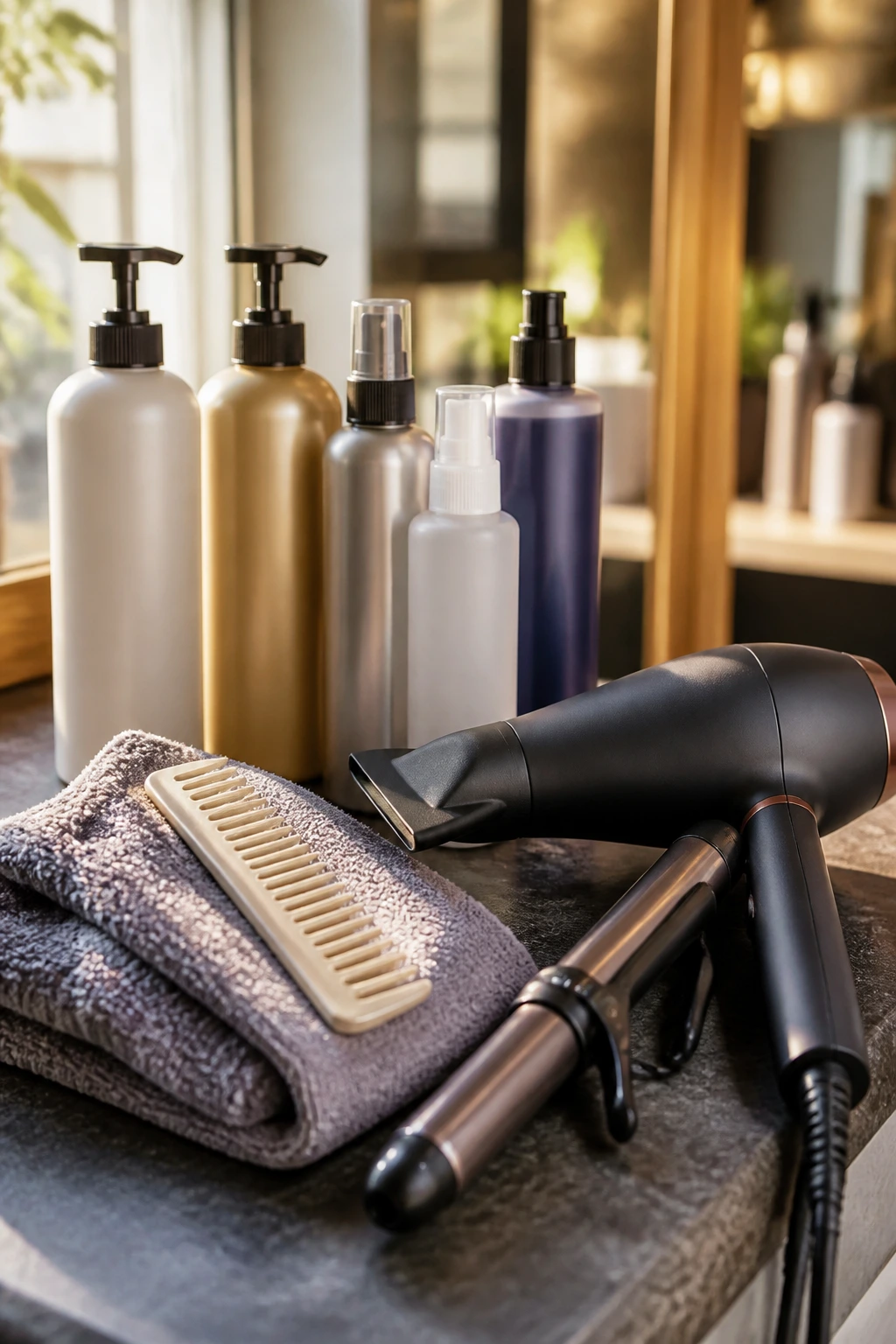 Close-up of essential hair color tools on a warm salon counter.