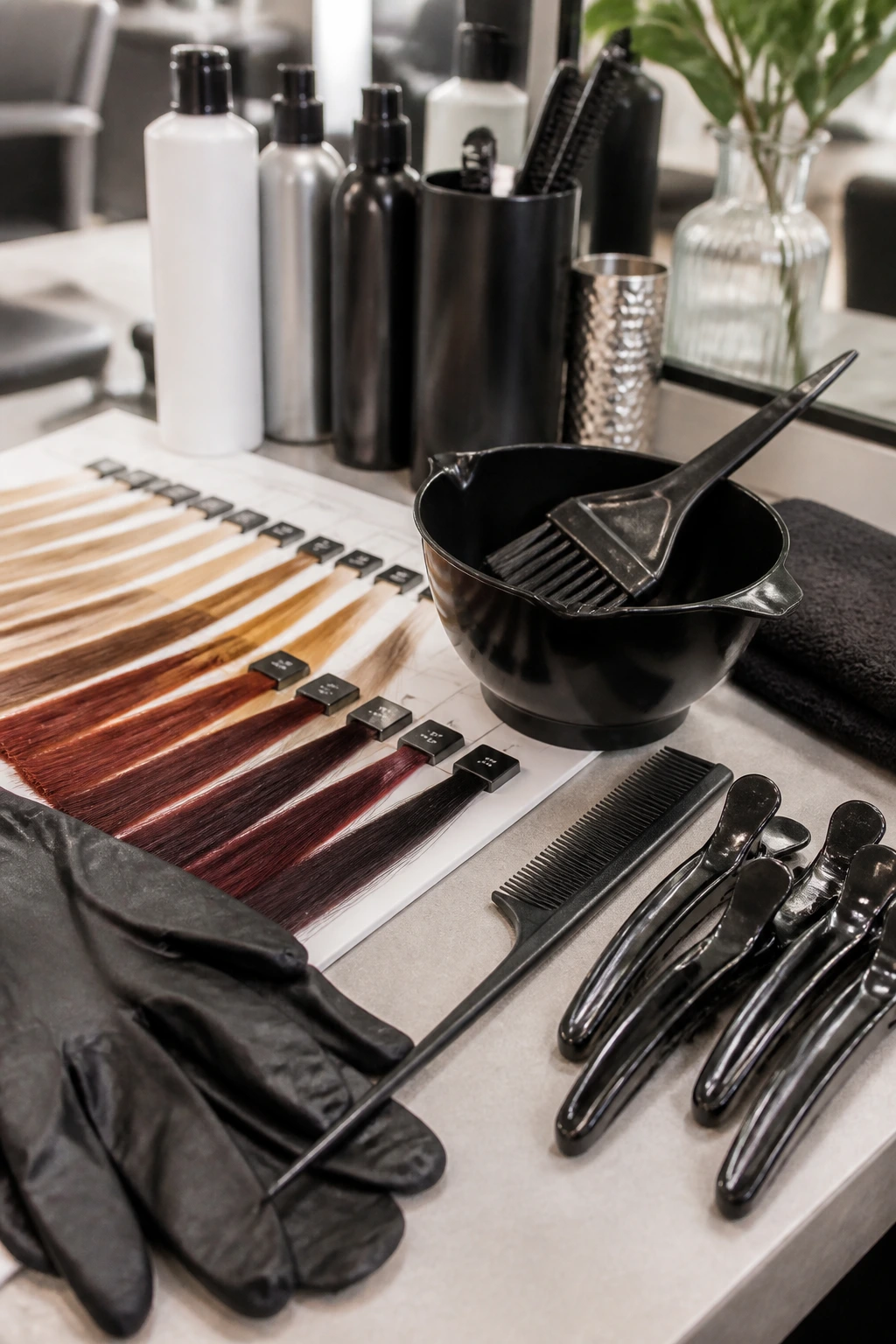 Close-up of essential hair color tools arranged on a salon station.