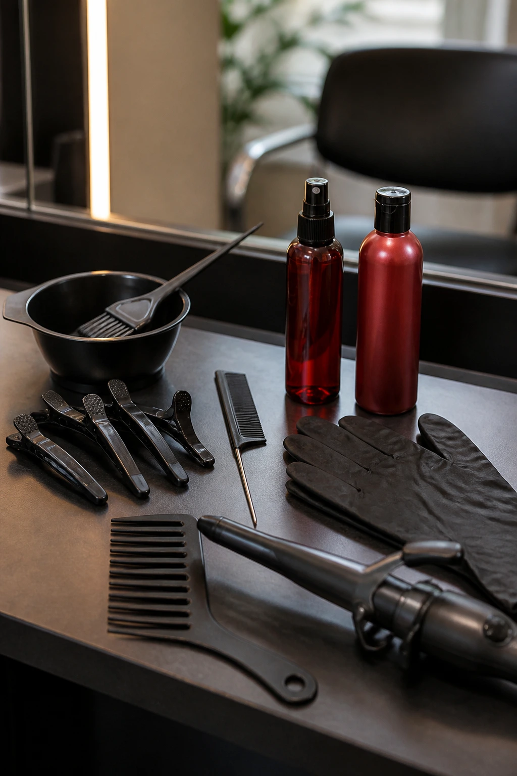 Close-up of essential hair coloring and styling tools for thick hair
